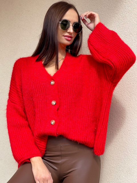 Dámsky oversize sveter s gombíkmi - červený