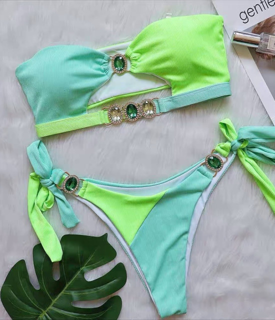Dámske exkluzívne tyrkysovo-zelené dvojdielne plavky s kryštálmi