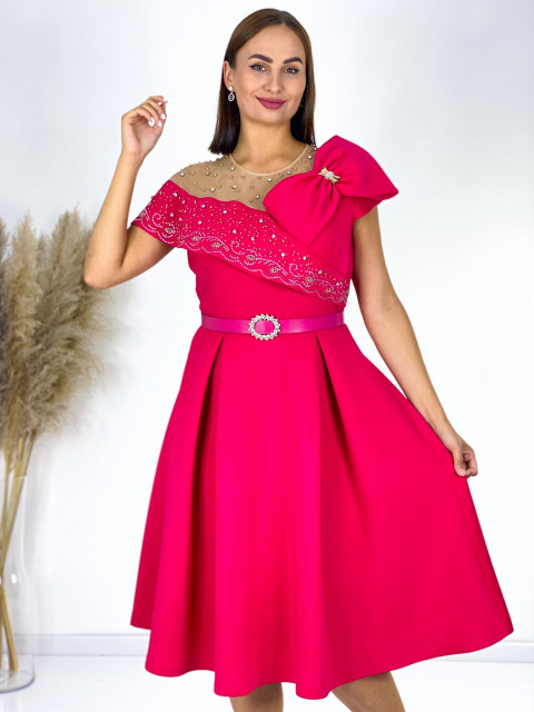 Dámske áčkové šaty pre moletky s mašľou a opaskom - ružové