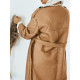 Dámsky dlhý koženkový zateplený zimný kabát s opaskom - camel