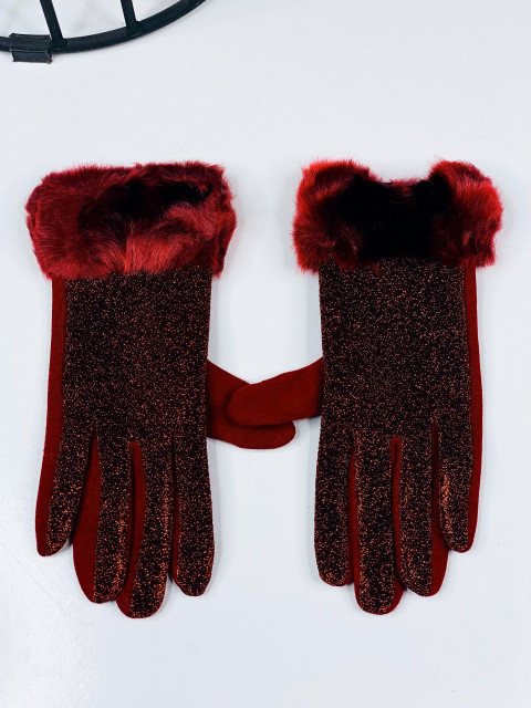 Dámske trblietavé rukavice s kožušinou - červené