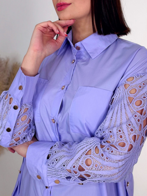  Dámska oversize predĺžená košeľa s čipkou a gombíkmi - fialová