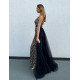 Exkluzívne dlhé dámske spoločenské šaty s odnímateľnou tylovou sukňou - čierne BB