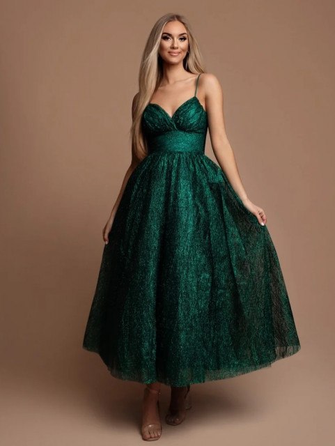 Dámske zelené trblietavé midi šaty s veľkou sukňou